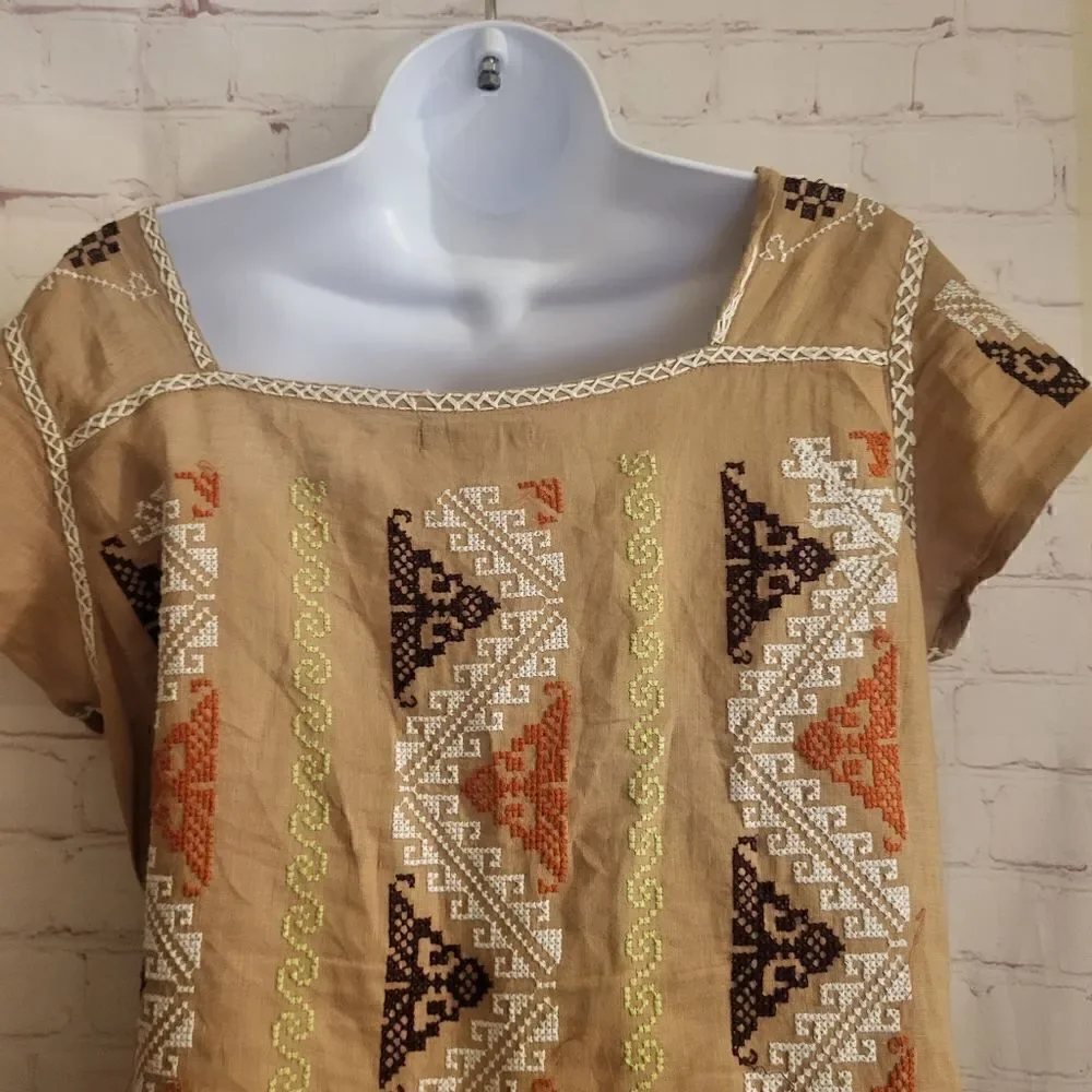 New Calypso St Barth Brown 100% Linen Tunic Dress w/Embroidery Sz.XS MSRP $285